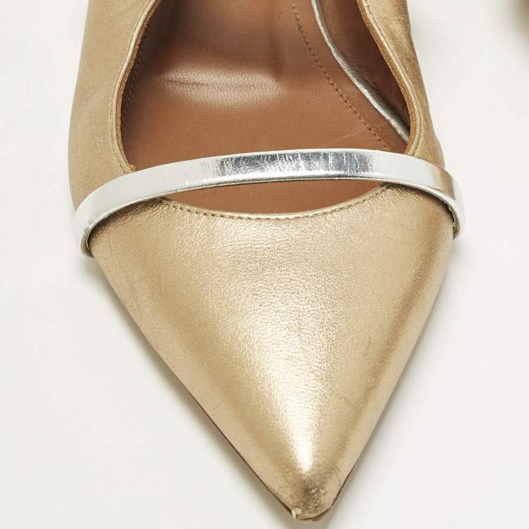 Pre Owned Malone Souliers Size 37 Silver/Gold  Leather Maureen Flat Mules 