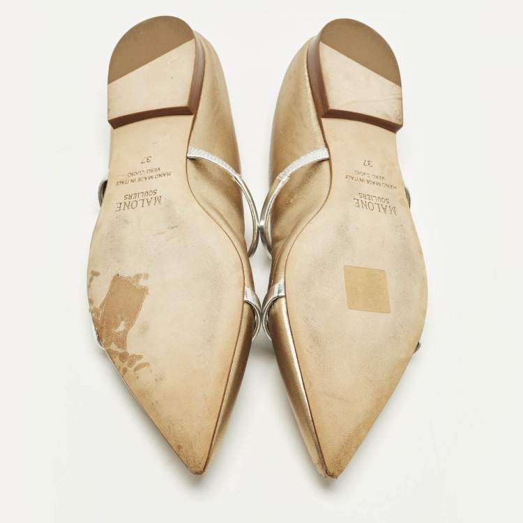 Pre Owned Malone Souliers Size 37 Silver/Gold  Leather Maureen Flat Mules 