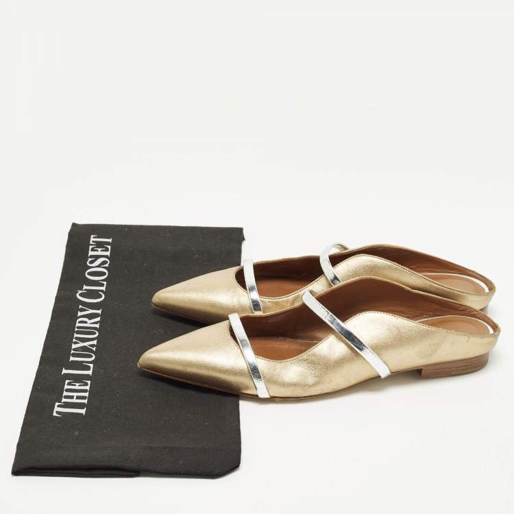 Pre Owned Malone Souliers Size 37 Silver/Gold  Leather Maureen Flat Mules 