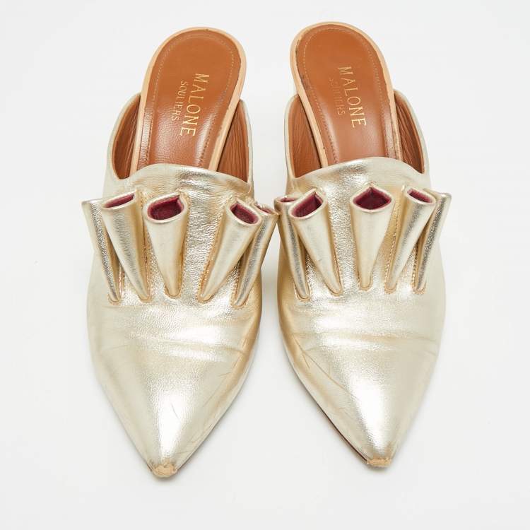 Pre Owned Malone Souliers Size 36 Gold Leather Block Heel Mules