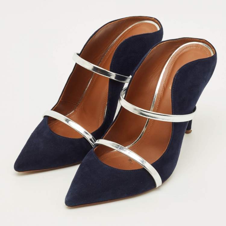 Pre Owned Malone Souliers Maureen Size 38 Navy Blue Leather and Suede Mules