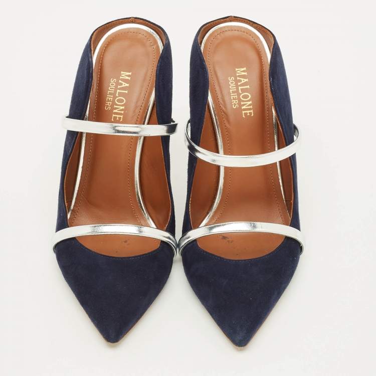 Pre Owned Malone Souliers Maureen Size 38 Navy Blue Leather and Suede Mules