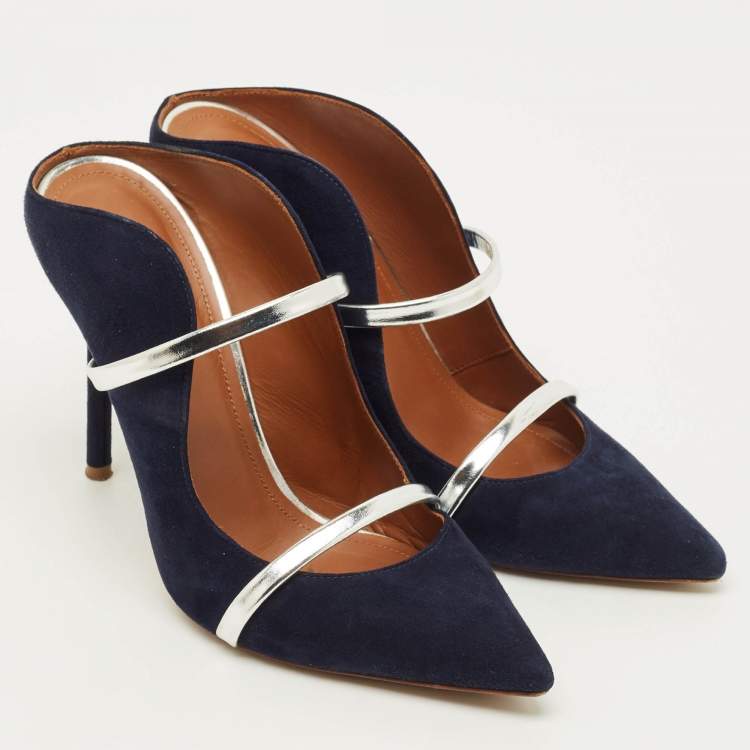 Pre Owned Malone Souliers Maureen Size 38 Navy Blue Leather and Suede Mules