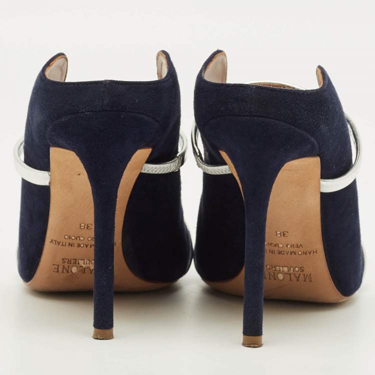 Pre Owned Malone Souliers Maureen Size 38 Navy Blue Leather and Suede Mules