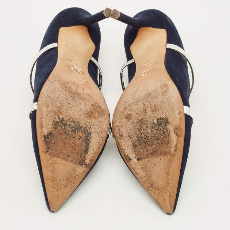 Pre Owned Malone Souliers Maureen Size 38 Navy Blue Leather and Suede Mules