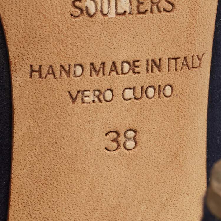 Pre Owned Malone Souliers Maureen Size 38 Navy Blue Leather and Suede Mules