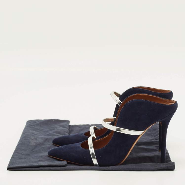 Pre Owned Malone Souliers Maureen Size 38 Navy Blue Leather and Suede Mules