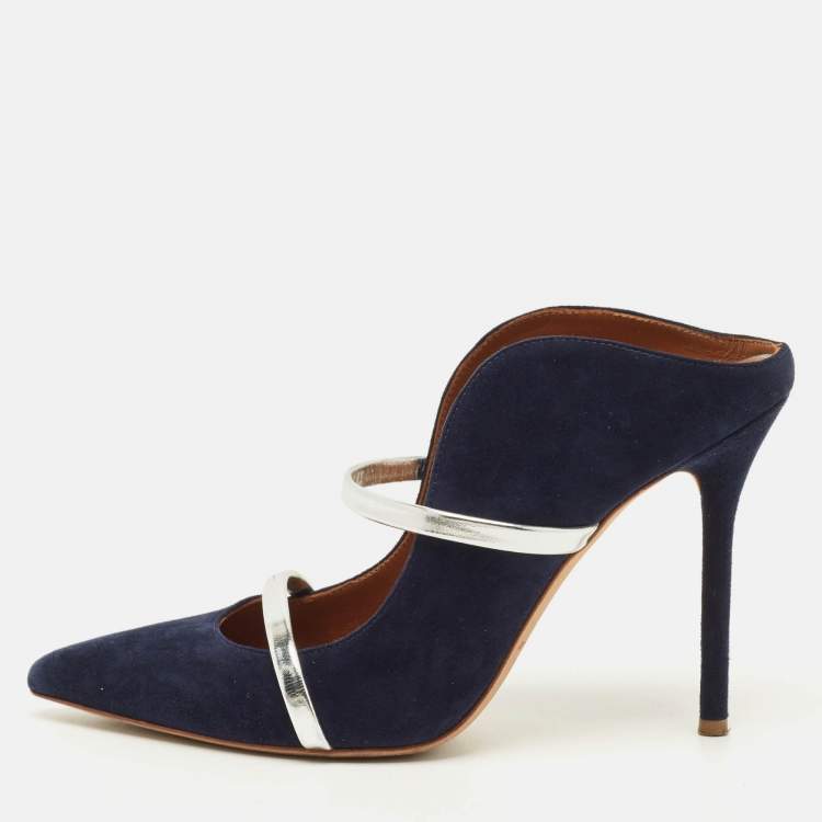 Pre Owned Malone Souliers Maureen Size 38 Navy Blue Leather and Suede Mules