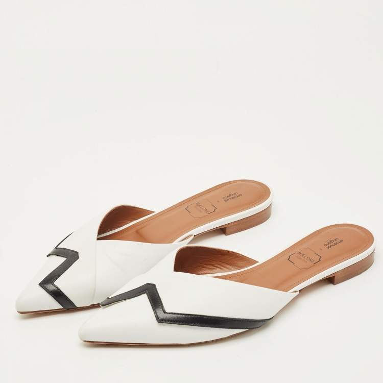Pre Owned Malone Souliers Amelie Size 39 White/Black Leather Flat Mules