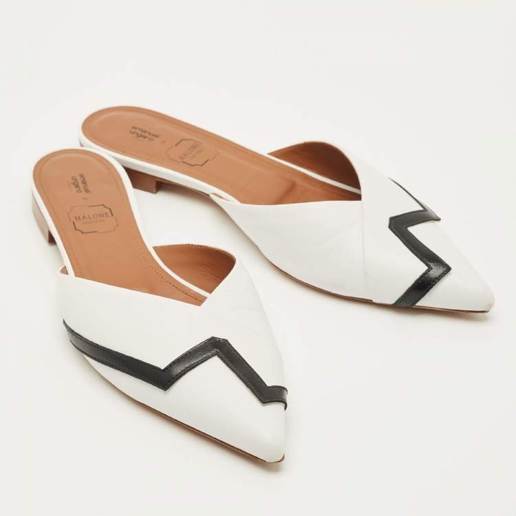 Pre Owned Malone Souliers Amelie Size 39 White/Black Leather Flat Mules