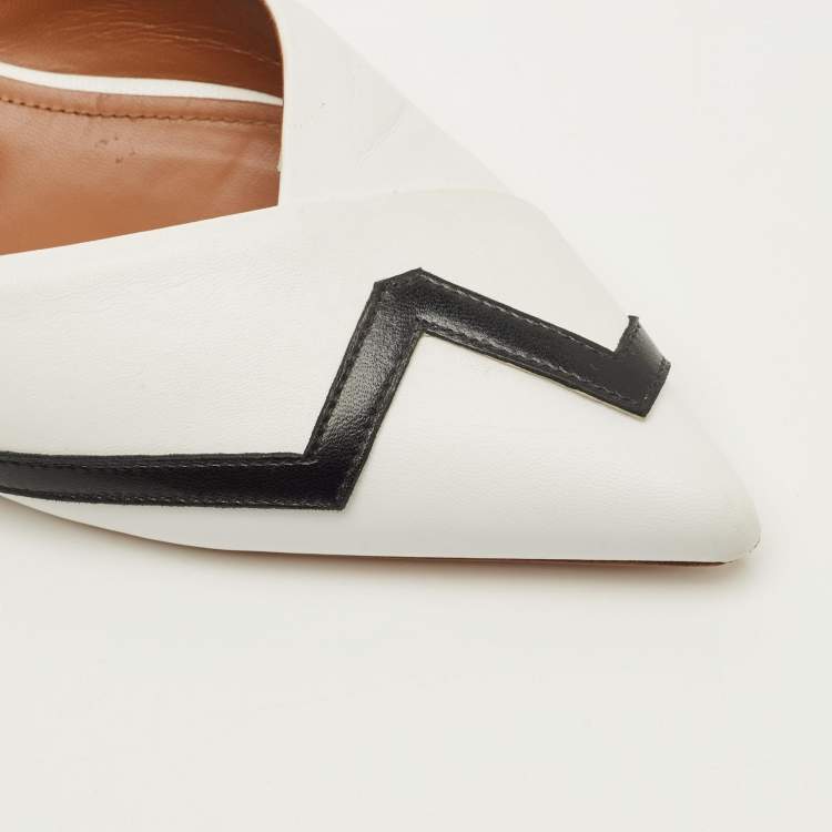Pre Owned Malone Souliers Amelie Size 39 White/Black Leather Flat Mules