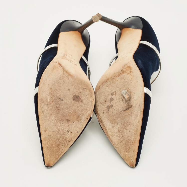 مملوكة مسبقًا Malone Souliers Maureen Size 40 Dark Blue/Silver Velvet and Metallic Leather Pointed Toe Mules
