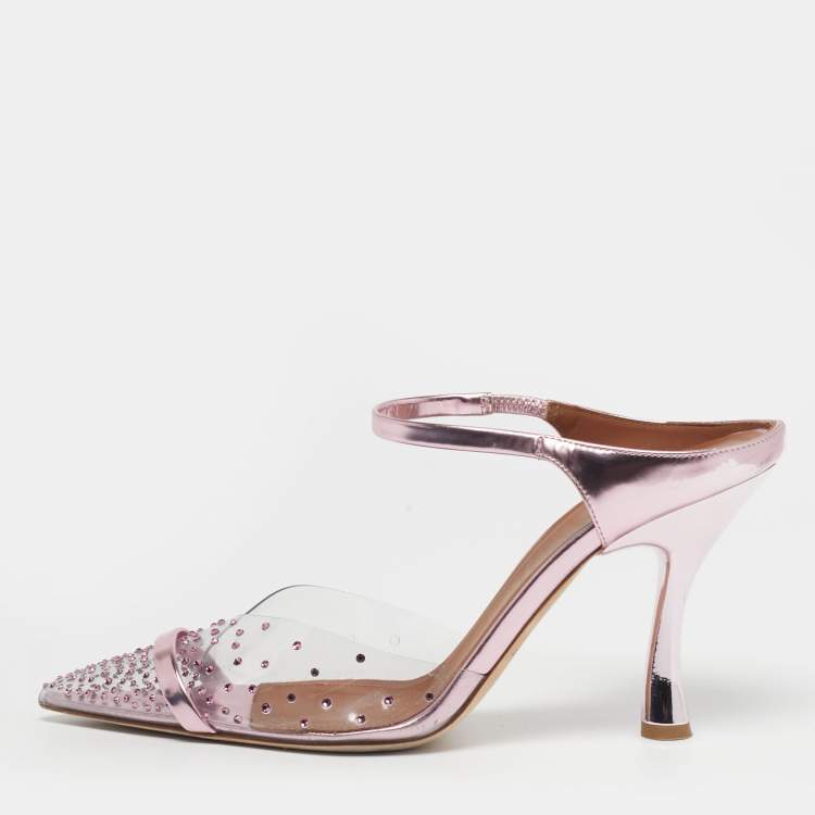 Pre Owned Malone Souliers Iona Size 39 Transparent/Fucshia Leather and PVC Crystal Embellished Mules