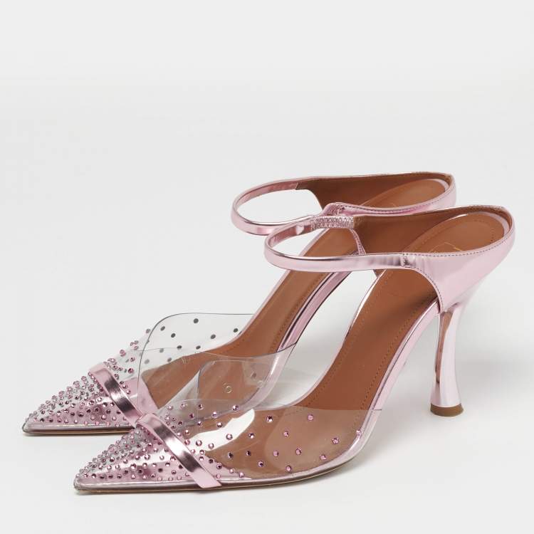 Pre Owned Malone Souliers Iona Size 39 Transparent/Fucshia Leather and PVC Crystal Embellished Mules