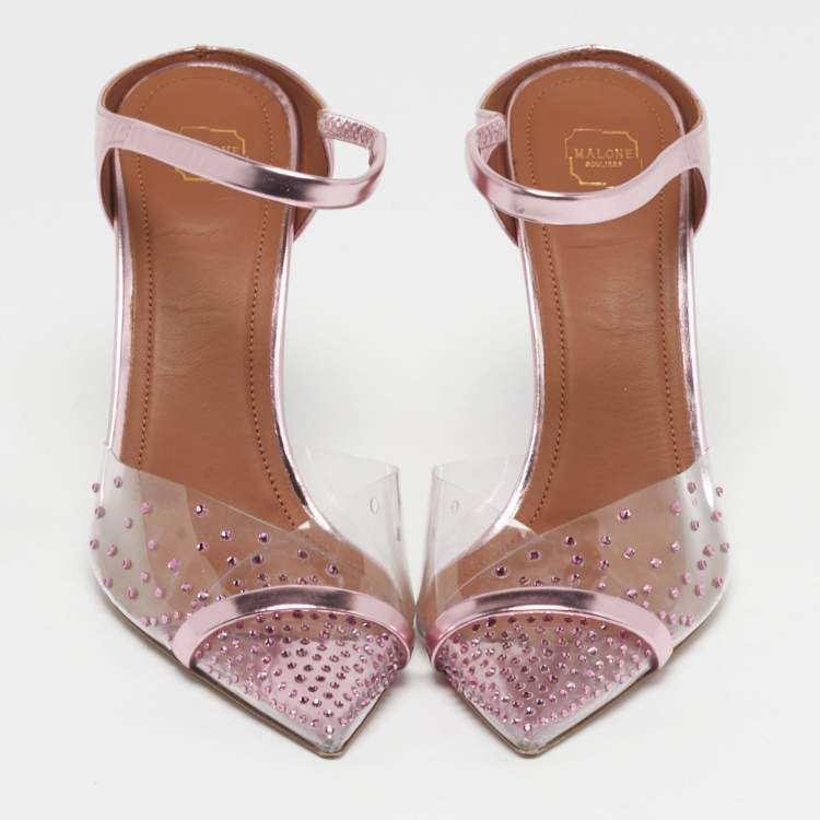 Pre Owned Malone Souliers Iona Size 39 Transparent/Fucshia Leather and PVC Crystal Embellished Mules