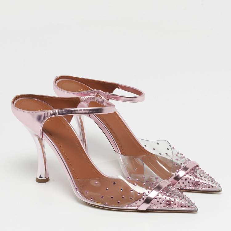 Pre Owned Malone Souliers Iona Size 39 Transparent/Fucshia Leather and PVC Crystal Embellished Mules