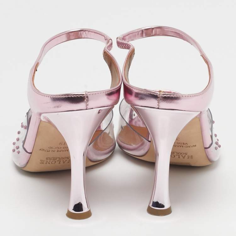Pre Owned Malone Souliers Iona Size 39 Transparent/Fucshia Leather and PVC Crystal Embellished Mules