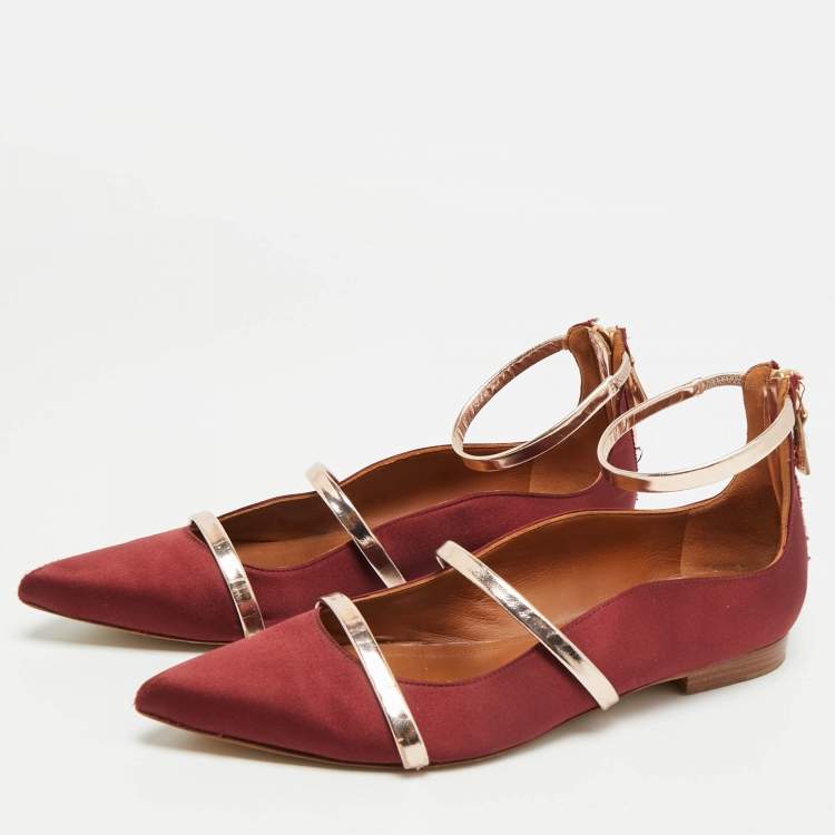 Pre Owned Malone Souliers Maureen Size 38 Burgundy Leather and Satin Ballet Flats