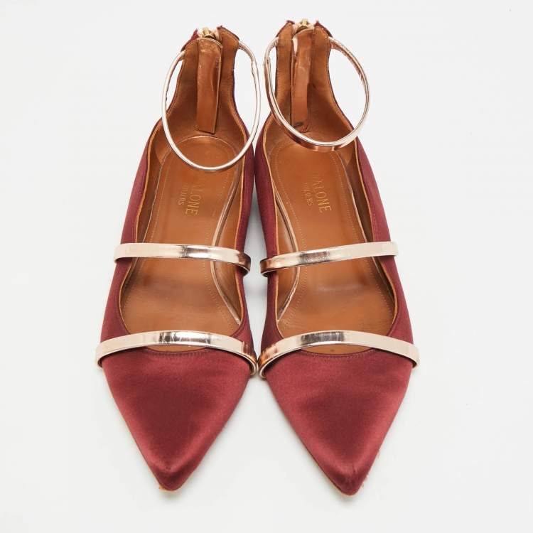 Pre Owned Malone Souliers Maureen Size 38 Burgundy Leather and Satin Ballet Flats