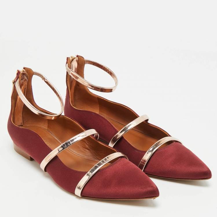 Pre Owned Malone Souliers Maureen Size 38 Burgundy Leather and Satin Ballet Flats