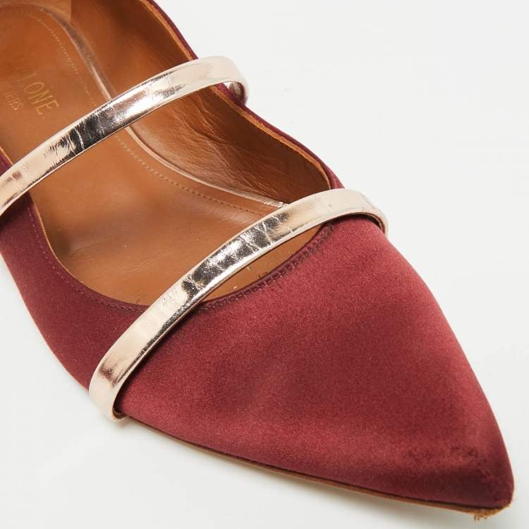 Pre Owned Malone Souliers Maureen Size 38 Burgundy Leather and Satin Ballet Flats