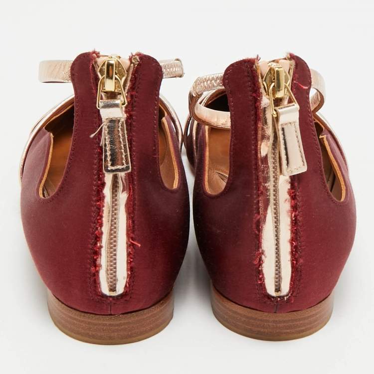 Pre Owned Malone Souliers Maureen Size 38 Burgundy Leather and Satin Ballet Flats
