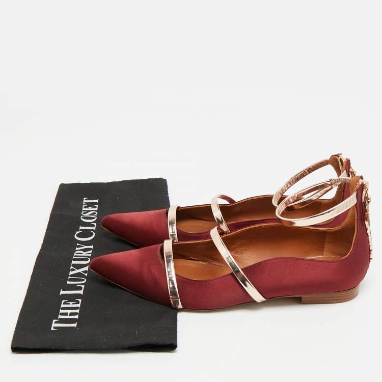 Pre Owned Malone Souliers Maureen Size 38 Burgundy Leather and Satin Ballet Flats