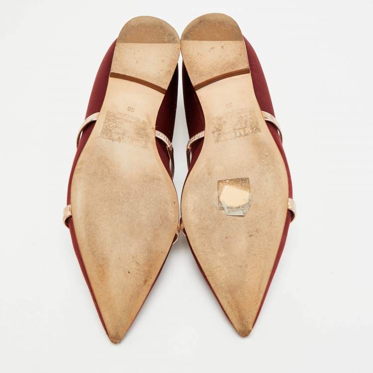 Pre Owned Malone Souliers Maureen Size 38 Burgundy Leather and Satin Ballet Flats
