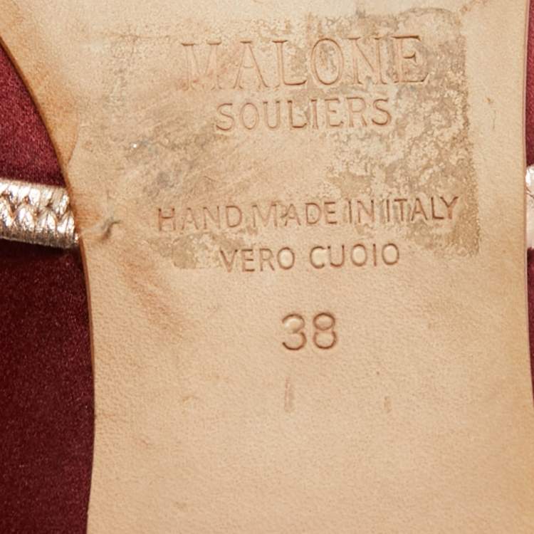 Pre Owned Malone Souliers Maureen Size 38 Burgundy Leather and Satin Ballet Flats