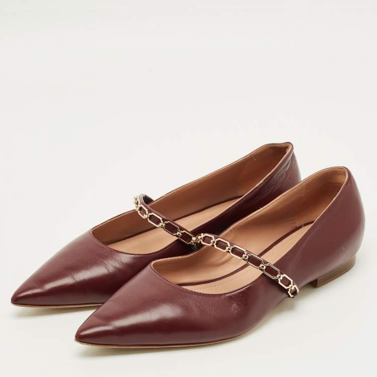 Pre Owned Malone Souliers Virna Size 38.5 Burgundy Leather Chain Detail Mary Jane Ballet Flats