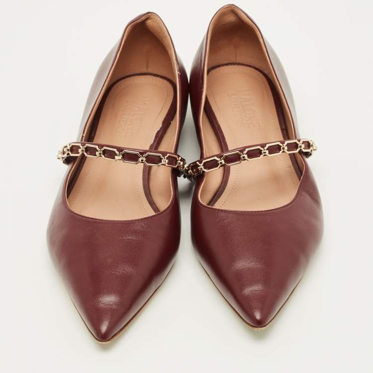 Pre Owned Malone Souliers Virna Size 38.5 Burgundy Leather Chain Detail Mary Jane Ballet Flats