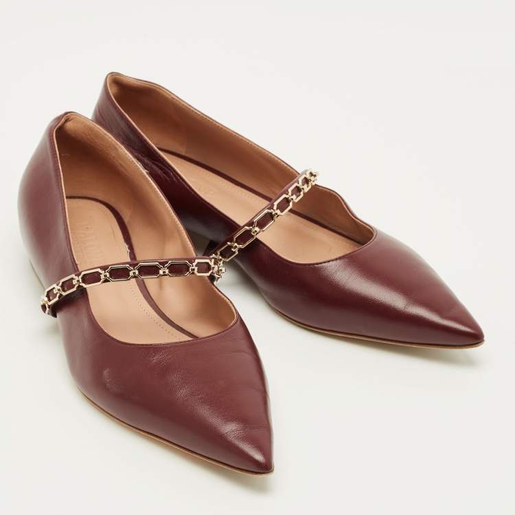 Pre Owned Malone Souliers Virna Size 38.5 Burgundy Leather Chain Detail Mary Jane Ballet Flats