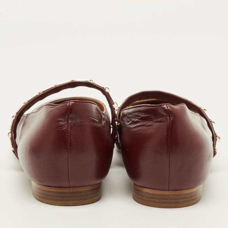 Pre Owned Malone Souliers Virna Size 38.5 Burgundy Leather Chain Detail Mary Jane Ballet Flats