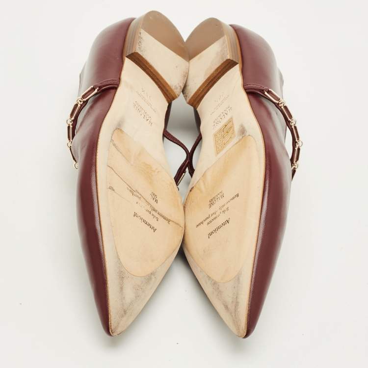 Pre Owned Malone Souliers Virna Size 38.5 Burgundy Leather Chain Detail Mary Jane Ballet Flats