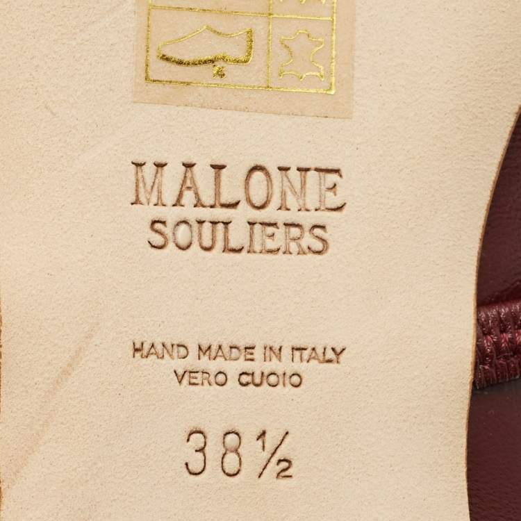 Pre Owned Malone Souliers Virna Size 38.5 Burgundy Leather Chain Detail Mary Jane Ballet Flats