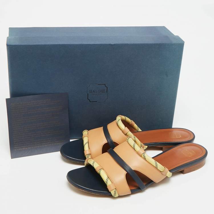 Pre Owned Malone Souliers Alexis Size 40 Beige/Navy Blue Canvas and Leather Flat Slides