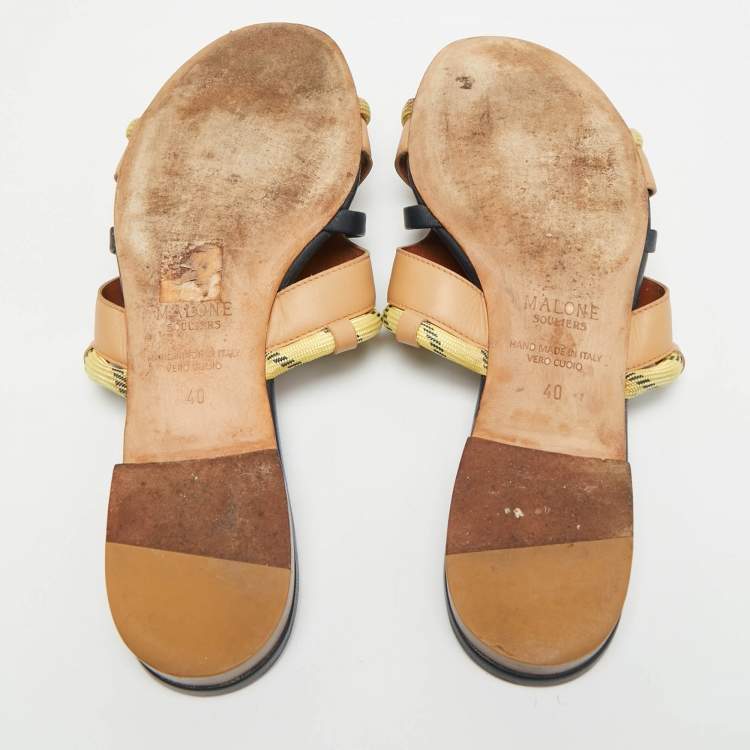 Pre Owned Malone Souliers Alexis Size 40 Beige/Navy Blue Canvas and Leather Flat Slides