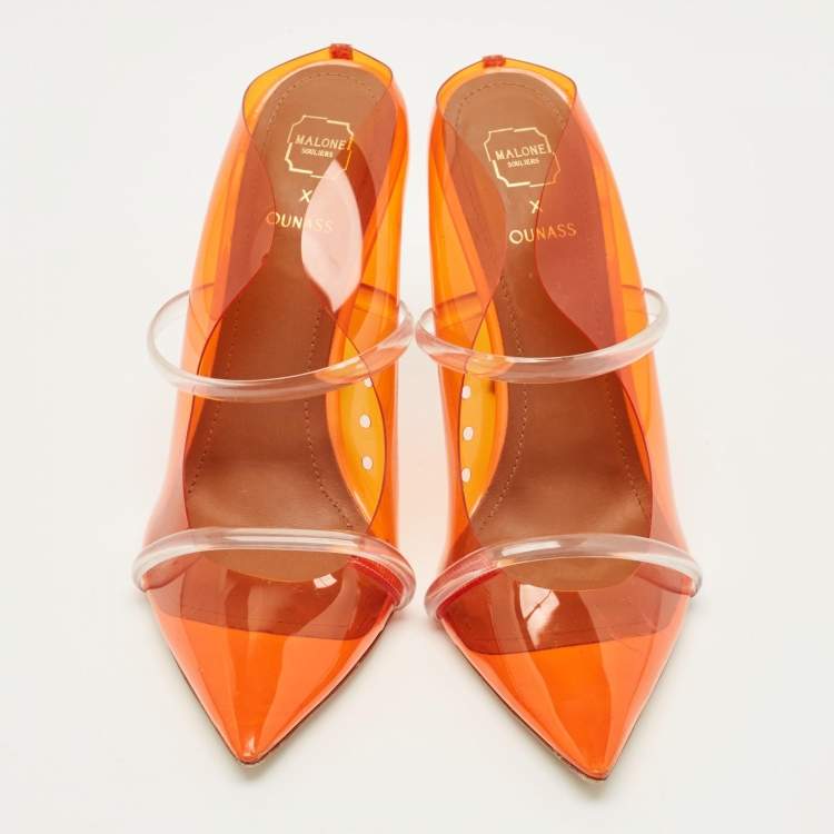 Pre Owned Malone Souliers Maureen Size 38.5 Orange/Transparent PVC Mules