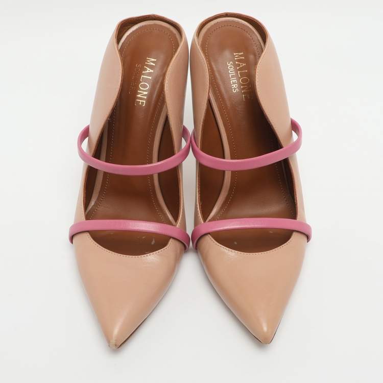 Pre Owned Malone Souliers Maureen Size 37 Beige/Pink Leather Mules