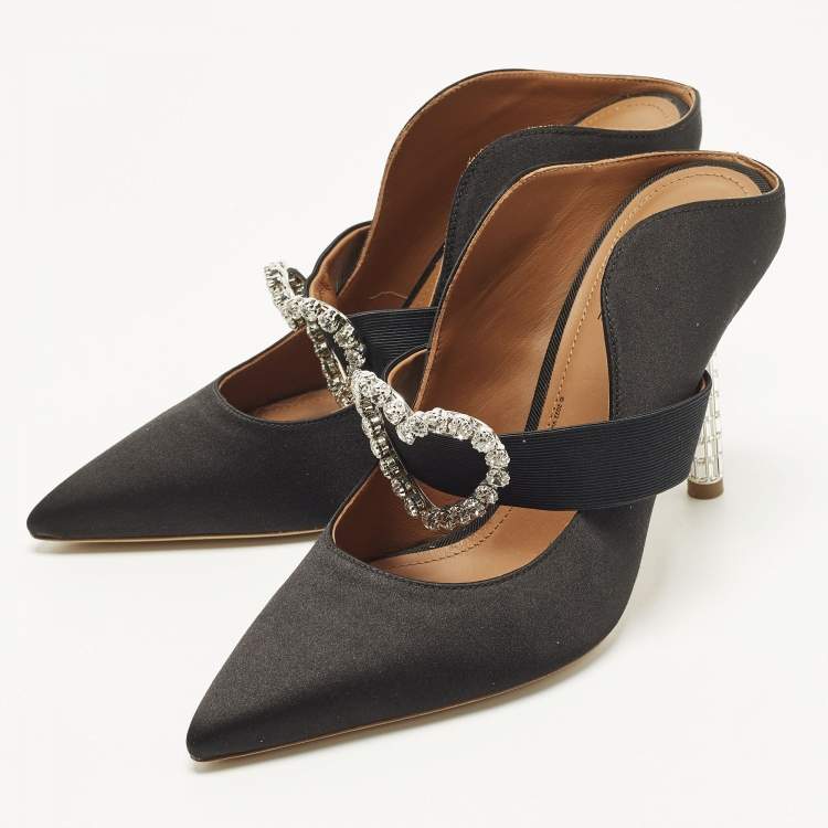 Pre Owned Malone Souliers x Emily in Paris Maureen Size 37 Black Satin Crystal Embellished Mules