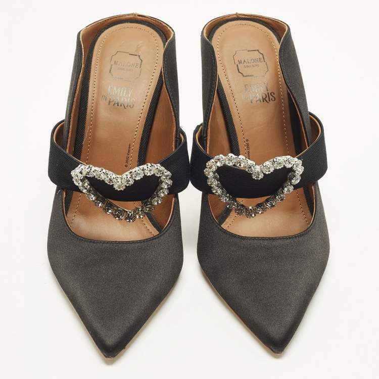 Pre Owned Malone Souliers x Emily in Paris Maureen Size 37 Black Satin Crystal Embellished Mules