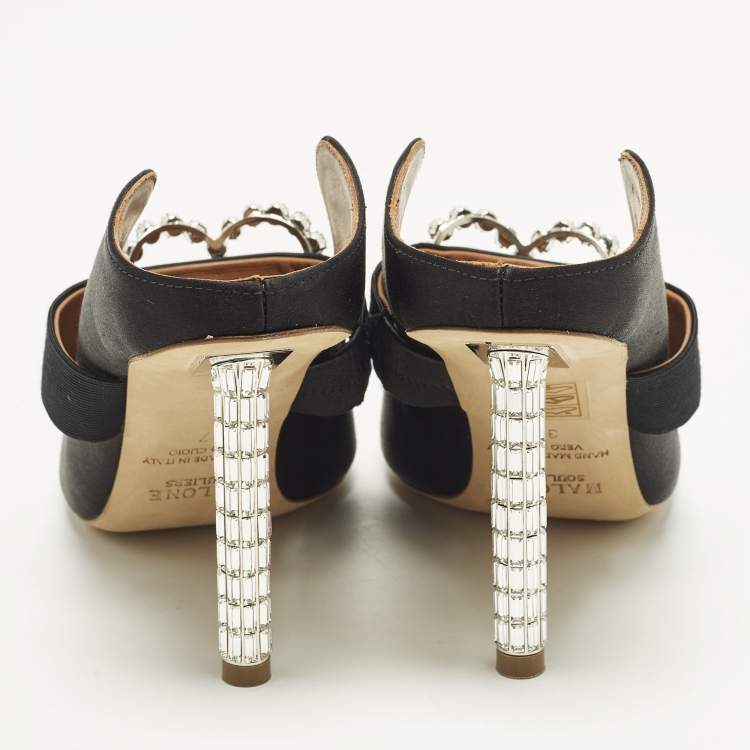 Pre Owned Malone Souliers x Emily in Paris Maureen Size 37 Black Satin Crystal Embellished Mules