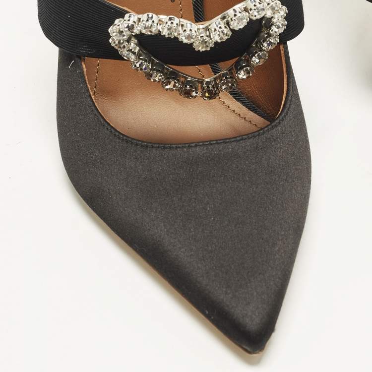 Pre Owned Malone Souliers x Emily in Paris Maureen Size 37 Black Satin Crystal Embellished Mules