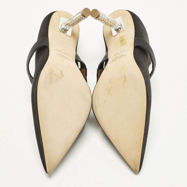 Pre Owned Malone Souliers x Emily in Paris Maureen Size 37 Black Satin Crystal Embellished Mules