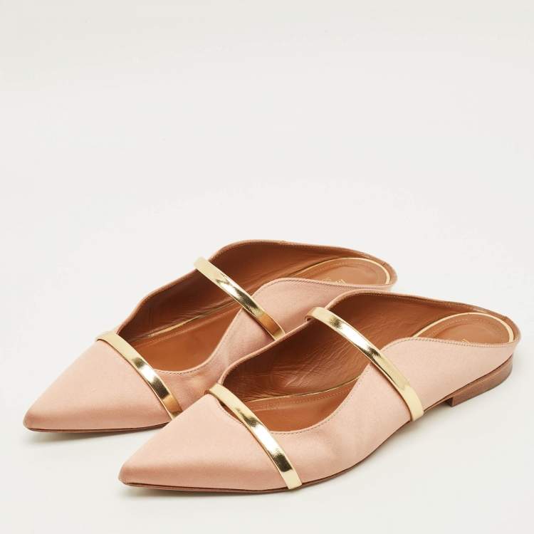 Pre Owned Malone Souliers Maureen Size 38 Gold Leather and Satin Flat Mules