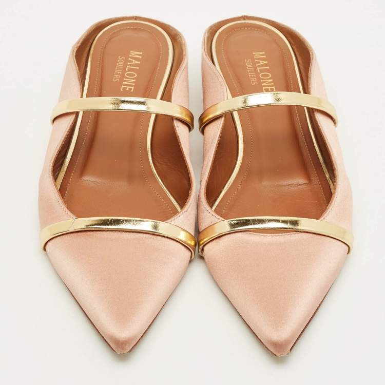Pre Owned Malone Souliers Maureen Size 38 Gold Leather and Satin Flat Mules