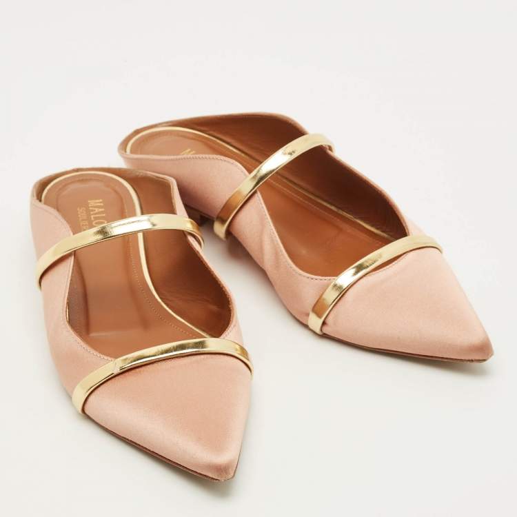 Pre Owned Malone Souliers Maureen Size 38 Gold Leather and Satin Flat Mules