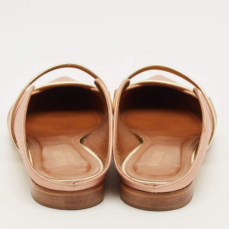Pre Owned Malone Souliers Maureen Size 38 Gold Leather and Satin Flat Mules
