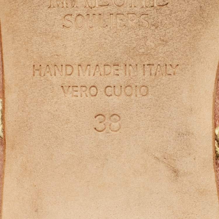 Pre Owned Malone Souliers Maureen Size 38 Gold Leather and Satin Flat Mules