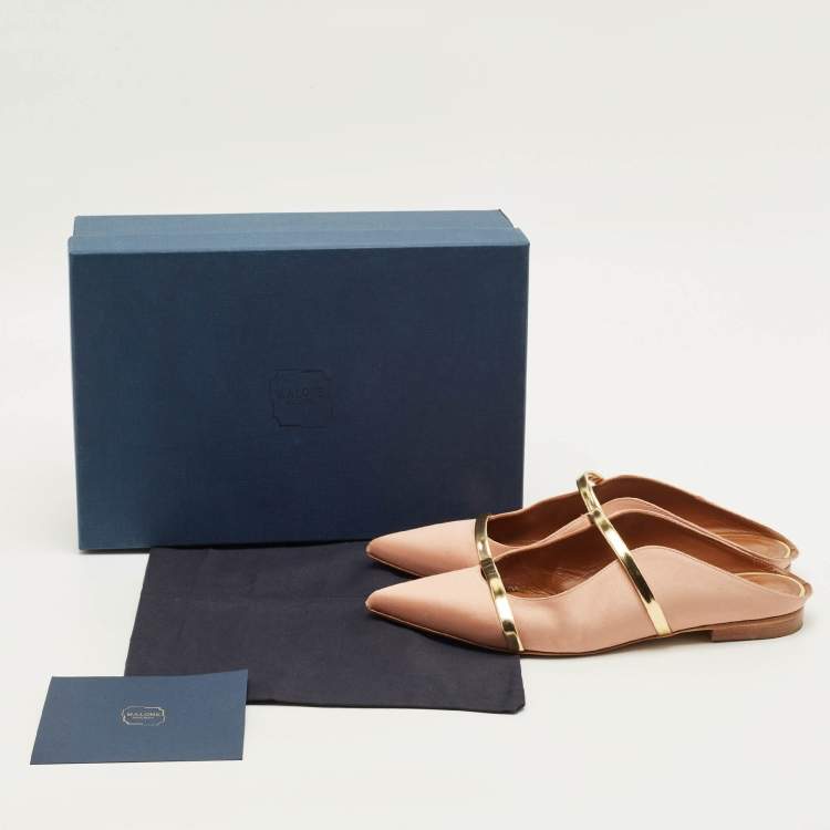 Pre Owned Malone Souliers Maureen Size 38 Gold Leather and Satin Flat Mules